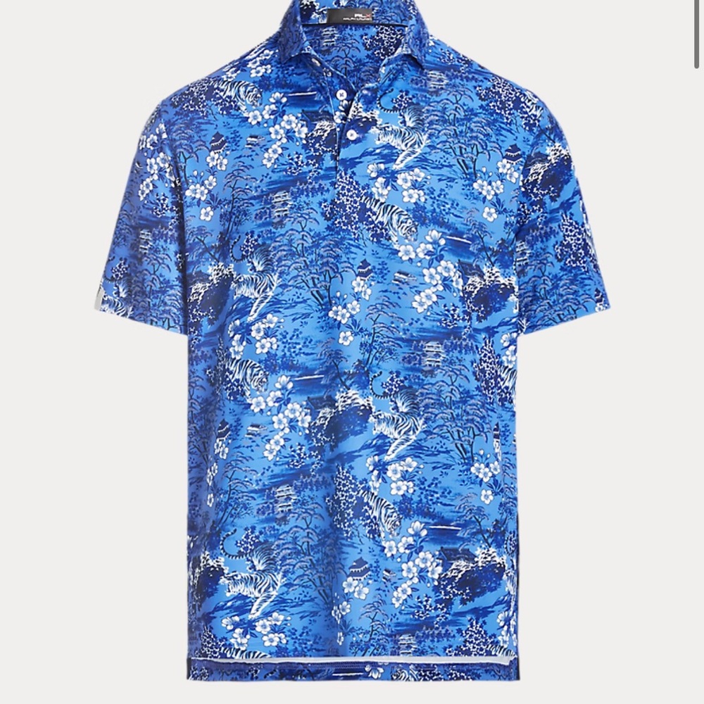 New RLX Ralph Lauren Mens Large Tiger Polo Shirt UV Protection Wicking Blue M